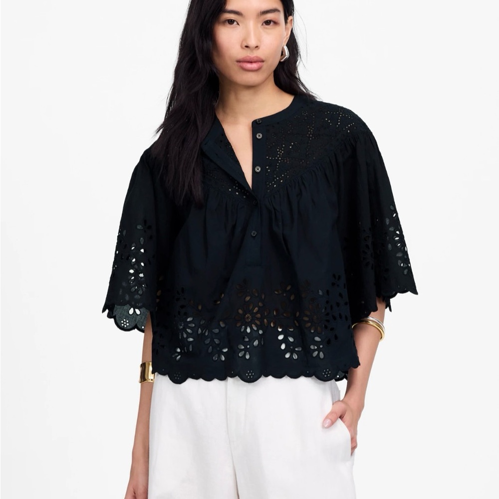 Madewell Black Boxy Henley Blouse with Cut Out Design